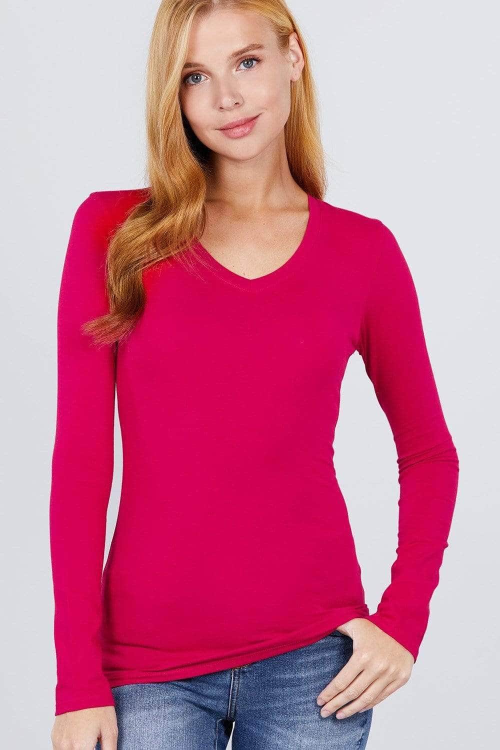 Cotton Jersey V-neck Top-TOPS / DRESSES-[Adult]-[Female]-Hot Pink-S-Blue Zone Planet