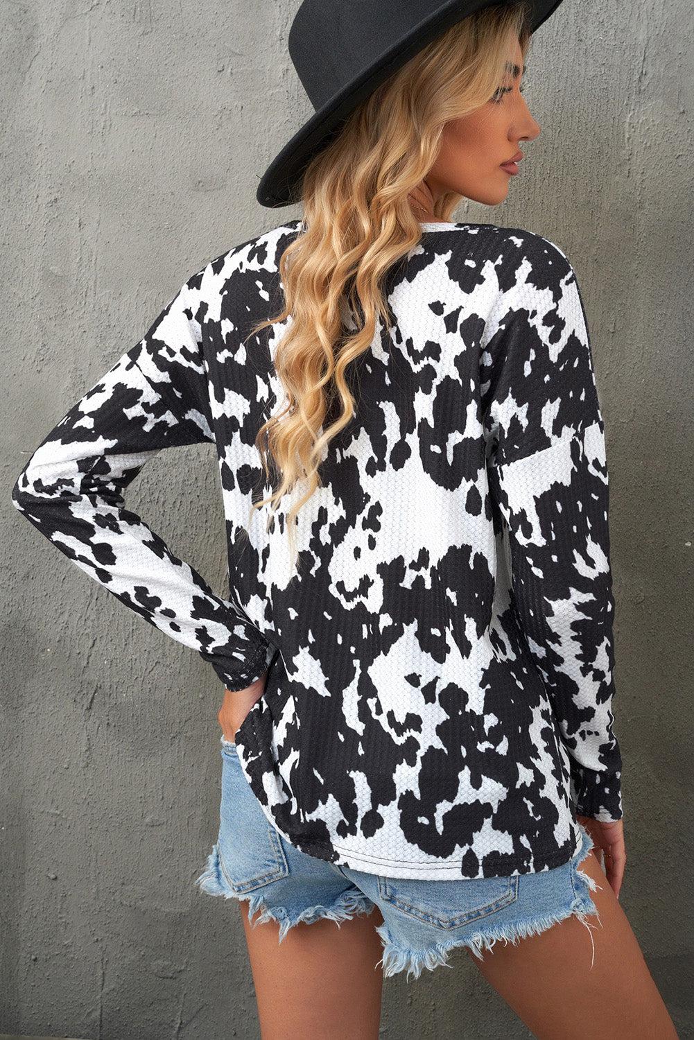 Cow Print Round Neck Long Sleeve Top BLUE ZONE PLANET
