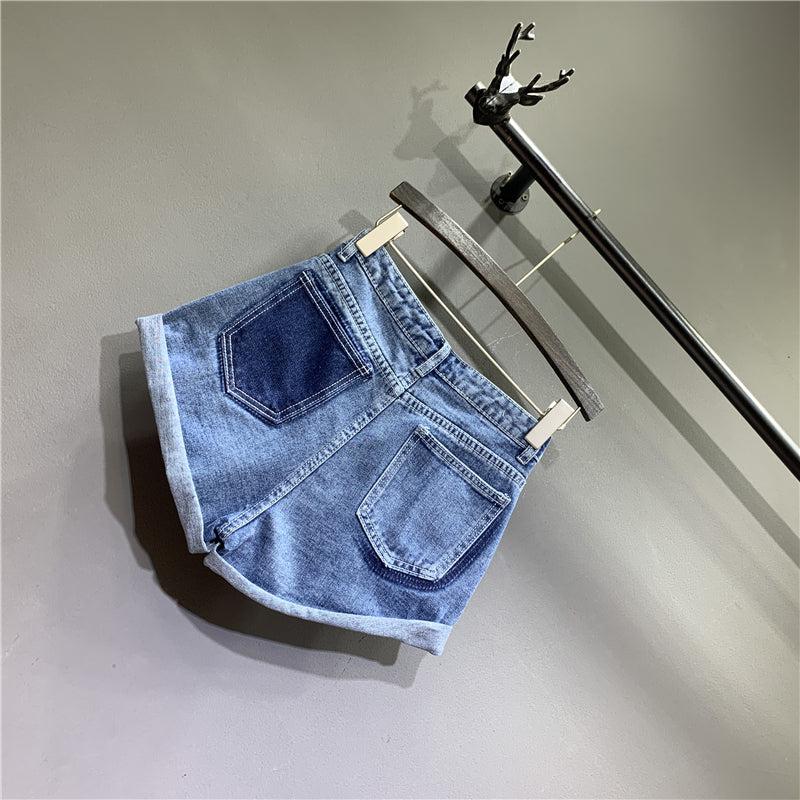 Cowgirl Shorts Stitching Curled Solid Color Block A-line Short Half-length Jeans Blue Zone Planet