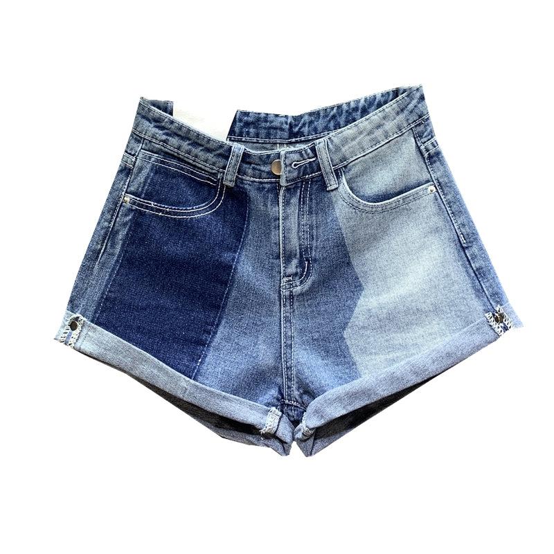 Cowgirl Shorts Stitching Curled Solid Color Block A-line Short Half-length Jeans Blue Zone Planet