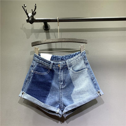Cowgirl Shorts Stitching Curled Solid Color Block A-line Short Half-length Jeans Blue Zone Planet