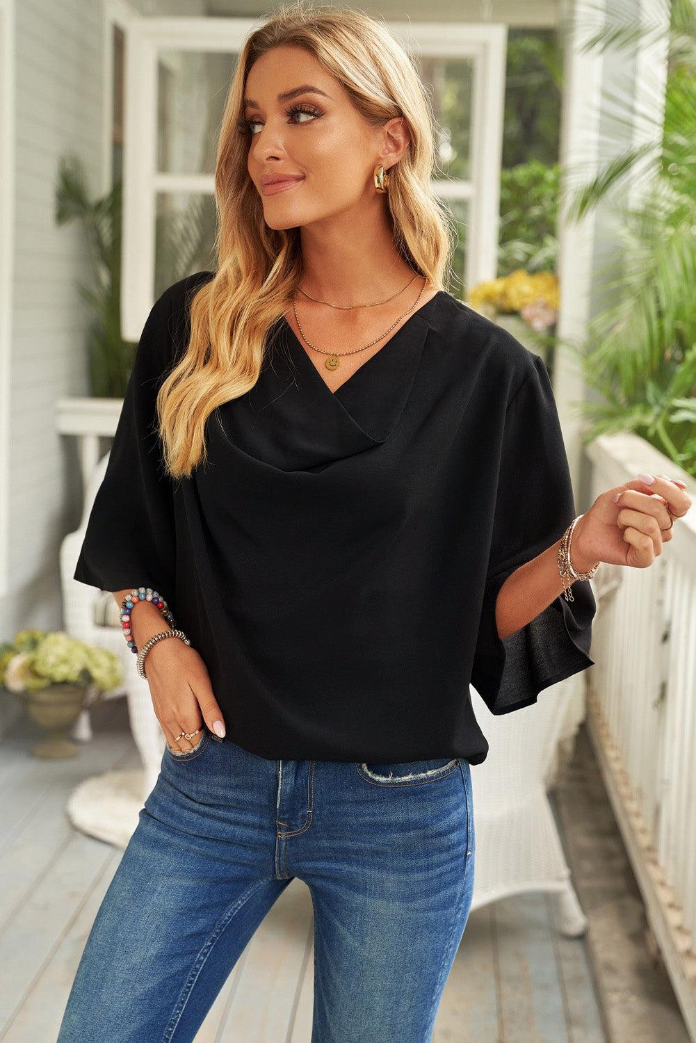 Cowl Neck Three-Quarter Sleeve Blouse BLUE ZONE PLANET