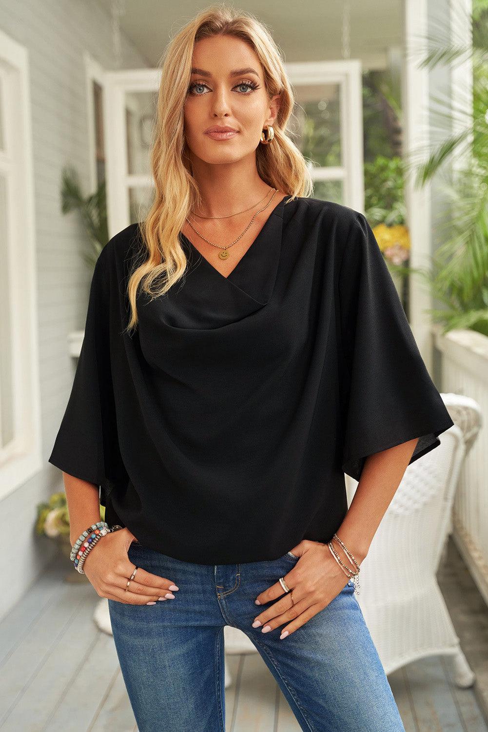 Cowl Neck Three-Quarter Sleeve Blouse BLUE ZONE PLANET