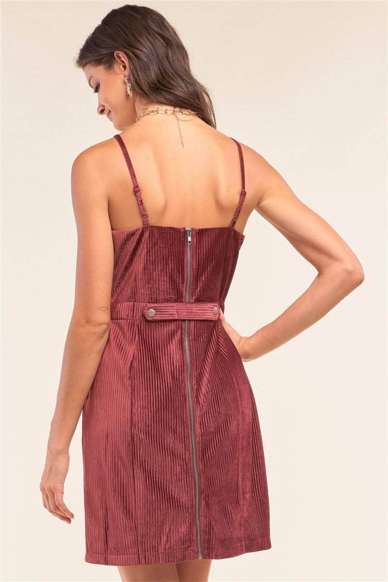 Cranberry Red Corduroy Sleeveless Square Neck Tight Fit Mini Dress Blue Zone Planet