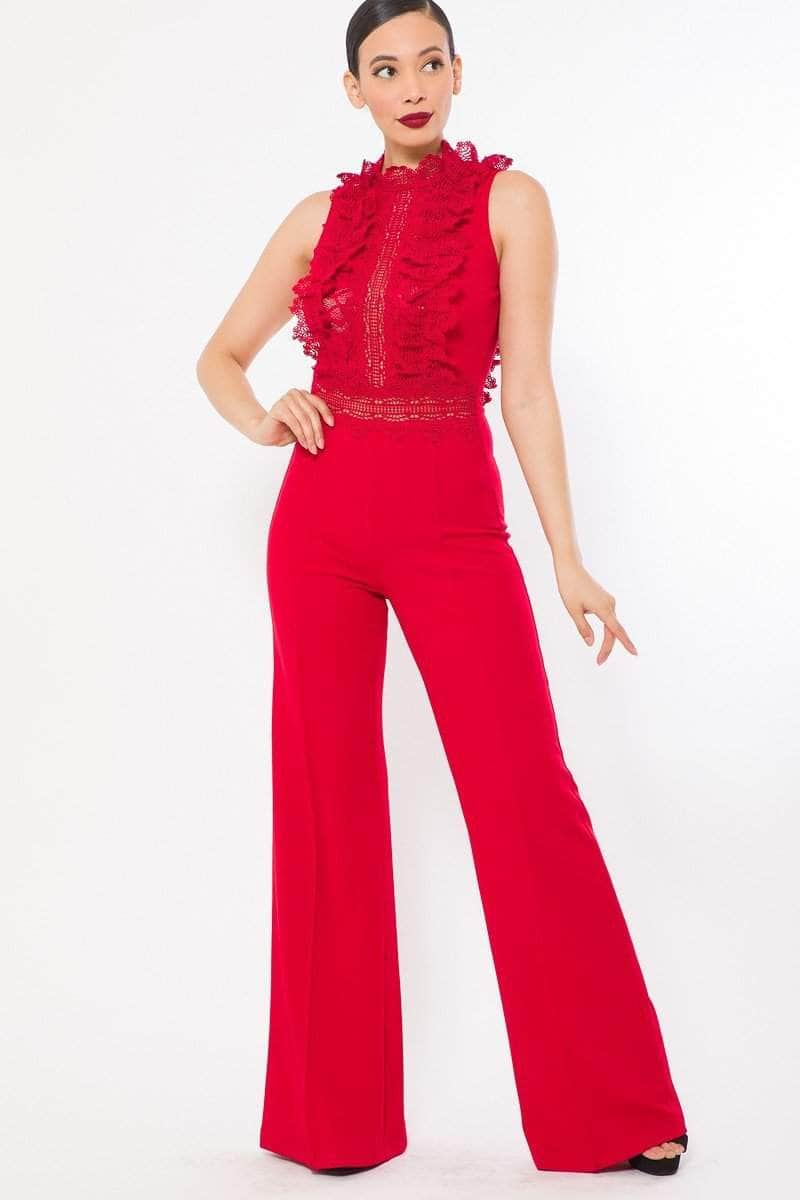 Crochet Lace Combined Bodice Jumpsuit-TOPS / DRESSES-[Adult]-[Female]-Red-S-Blue Zone Planet
