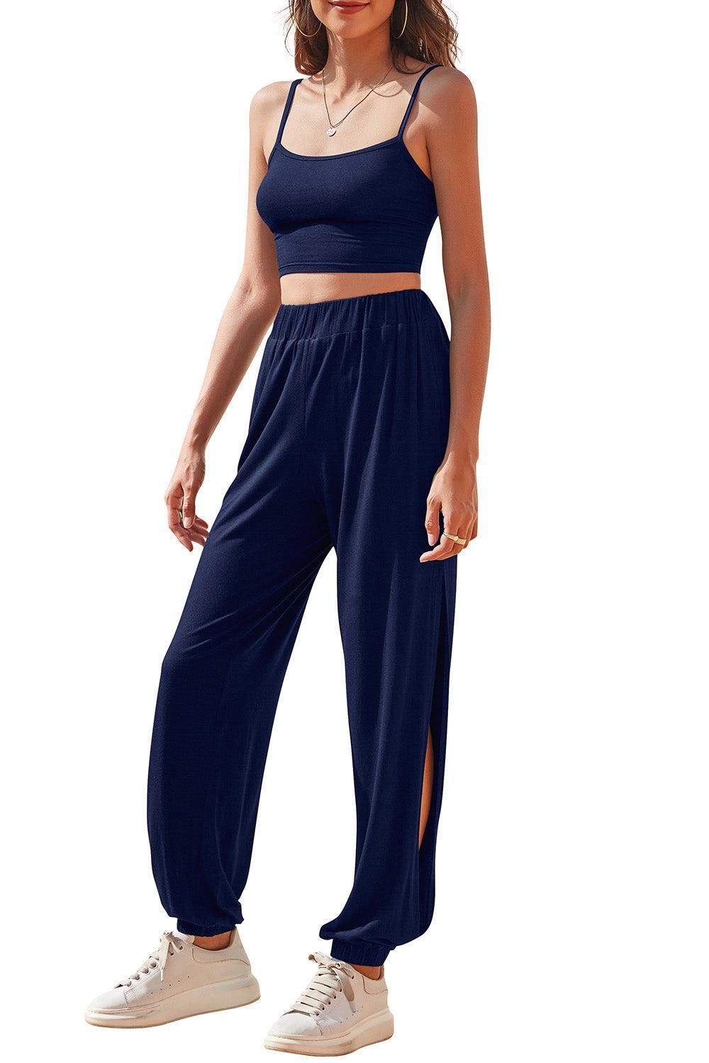 Cropped Cami and Side Split Joggers Set BLUE ZONE PLANET