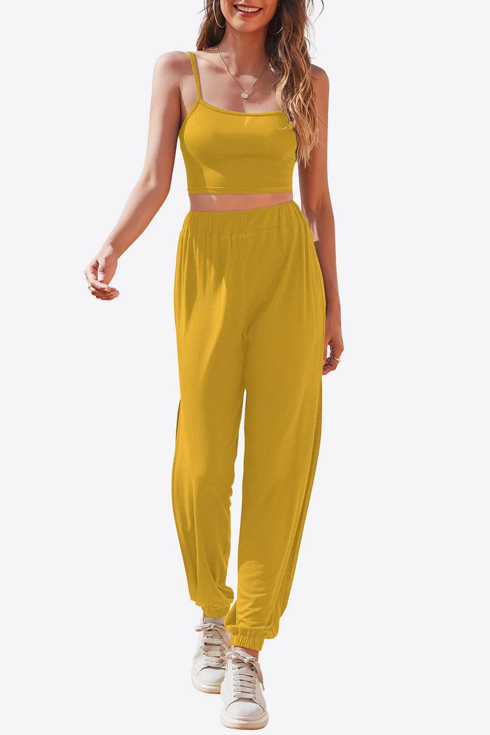 Cropped Cami and Side Split Joggers Set BLUE ZONE PLANET