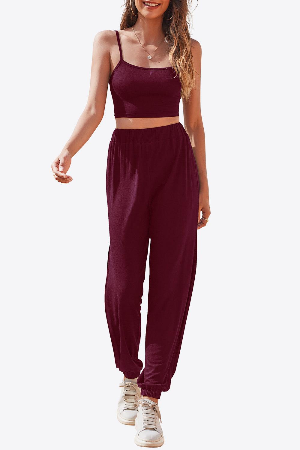 Cropped Cami and Side Split Joggers Set BLUE ZONE PLANET