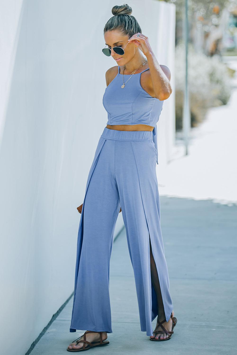 Cropped Tie-Back Cami and Split Pants Set BLUE ZONE PLANET