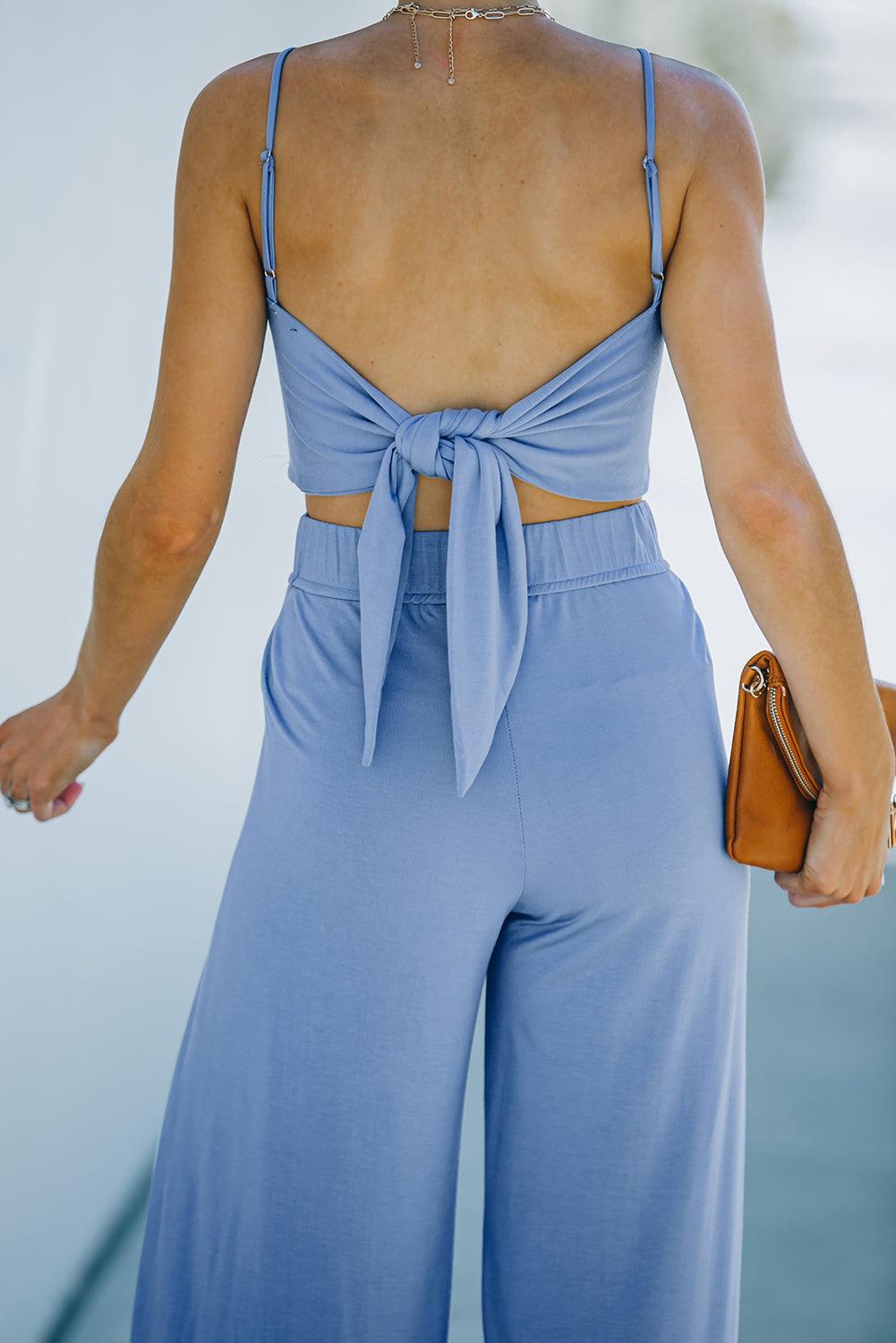 Cropped Tie-Back Cami and Split Pants Set BLUE ZONE PLANET