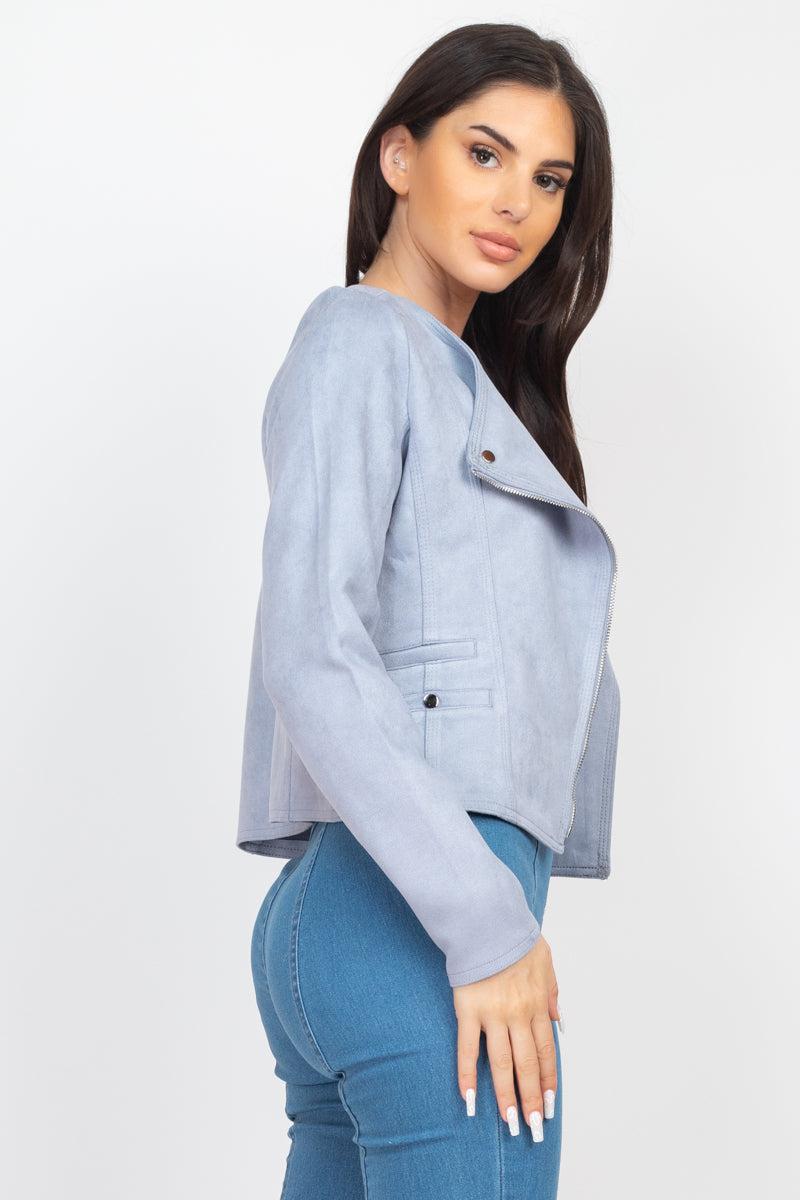 Cropped Zip-up Moto Suede Jacket-[Adult]-[Female]-Blue Zone Planet