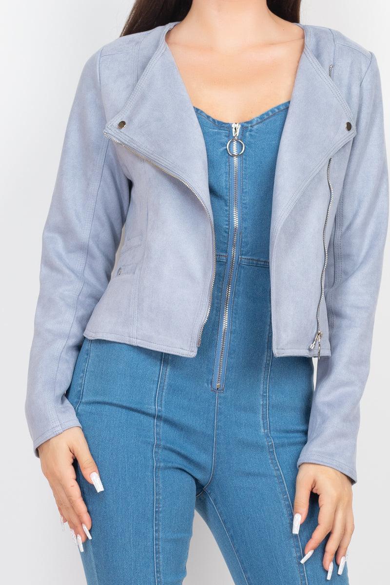 Cropped Zip-up Moto Suede Jacket-[Adult]-[Female]-Blue Zone Planet