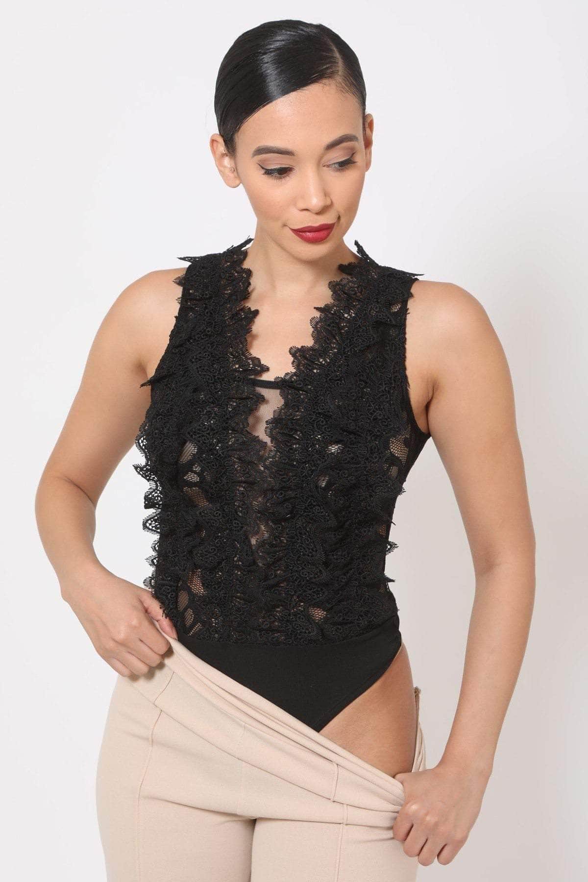 Crotchet Bodysuit W/front Ruffles And Small Mesh Details-TOPS / DRESSES-[Adult]-[Female]-S-Blue Zone Planet