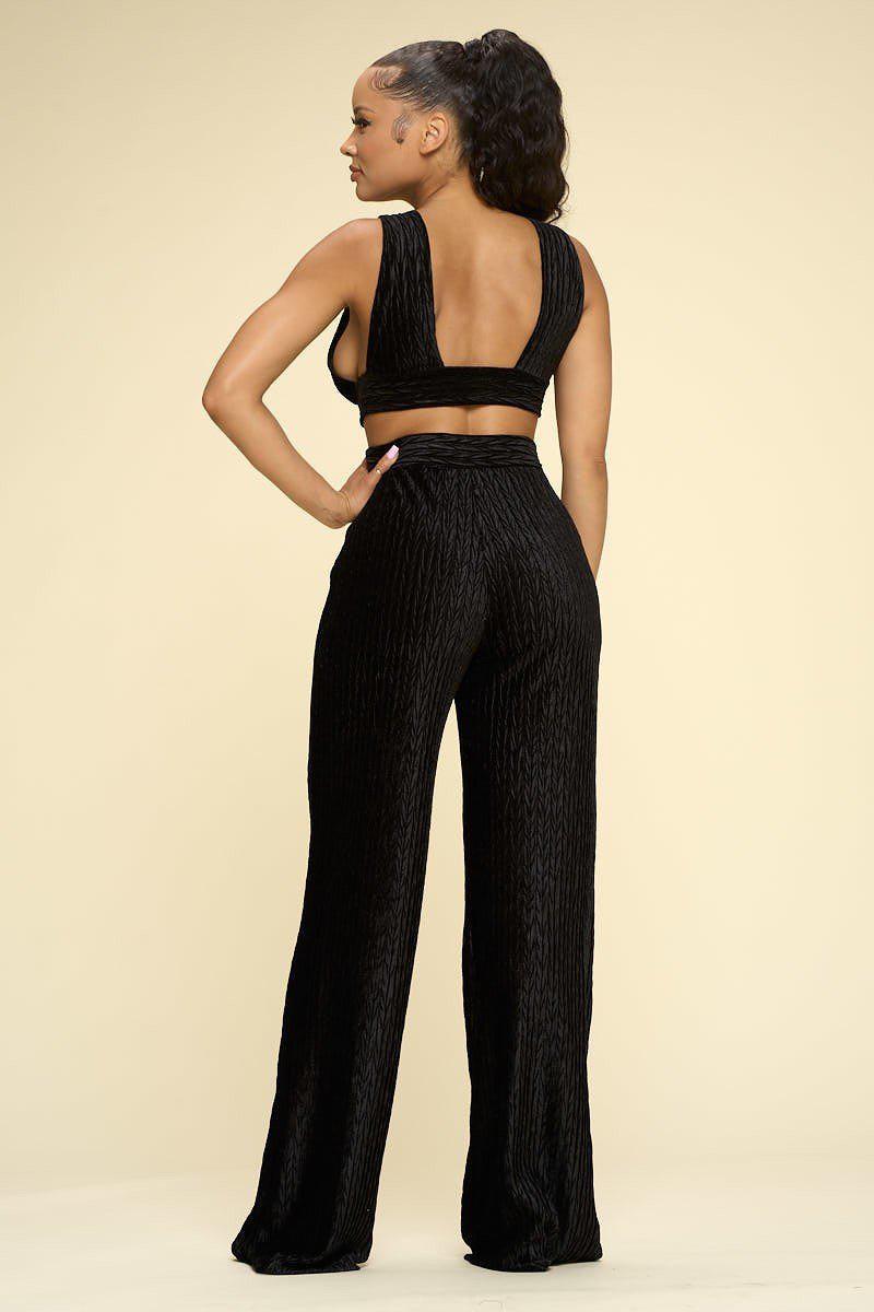 Crushed Velvet Plunging Neck Tank Top And High Waist Palazzo Pants Set-[Adult]-[Female]-Blue Zone Planet