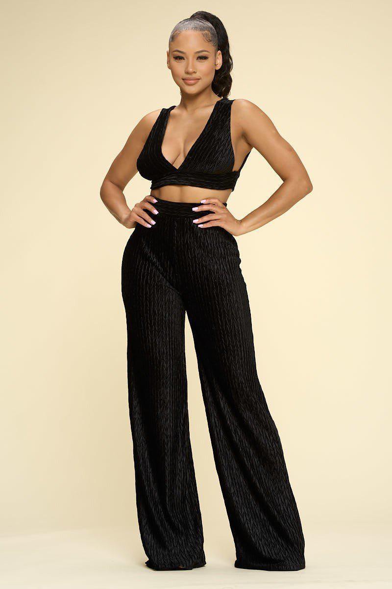 Crushed Velvet Plunging Neck Tank Top And High Waist Palazzo Pants Set-[Adult]-[Female]-Blue Zone Planet