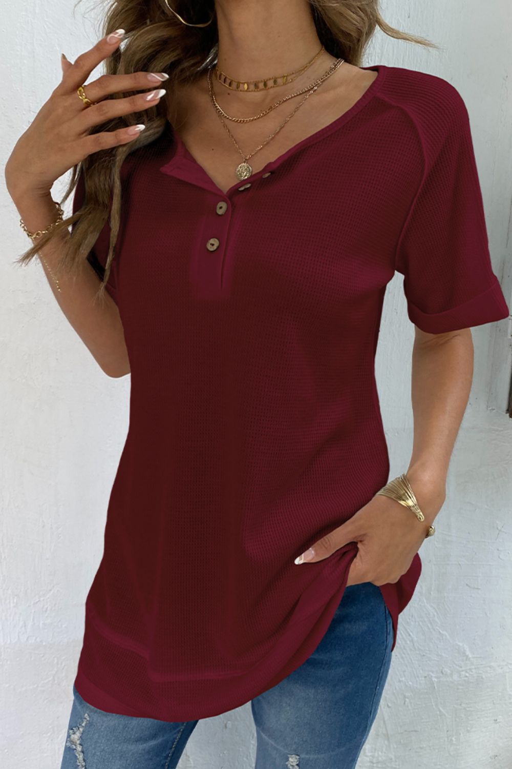 Cuffed Sleeve Henley Top BLUE ZONE PLANET