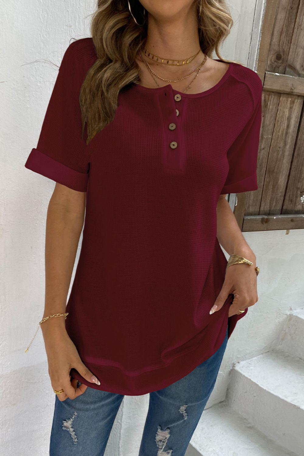 Cuffed Sleeve Henley Top BLUE ZONE PLANET