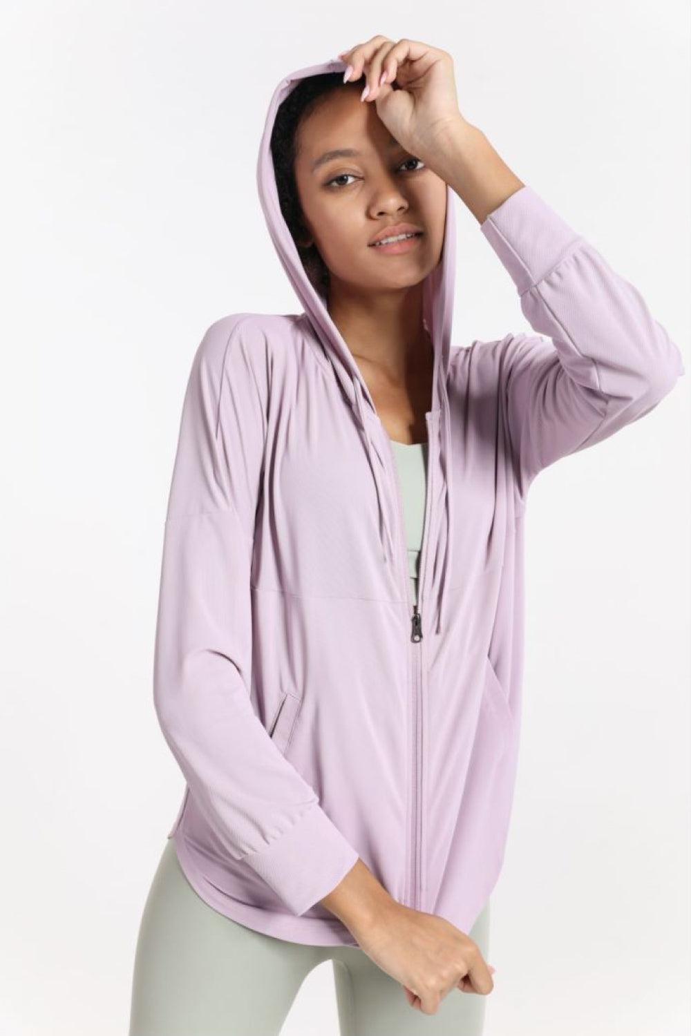 Curved Hem Drawstring Hooded Sports Jacket-Tops / Dresses-[Adult]-[Female]-Lilac-S-2022 Online Blue Zone Planet