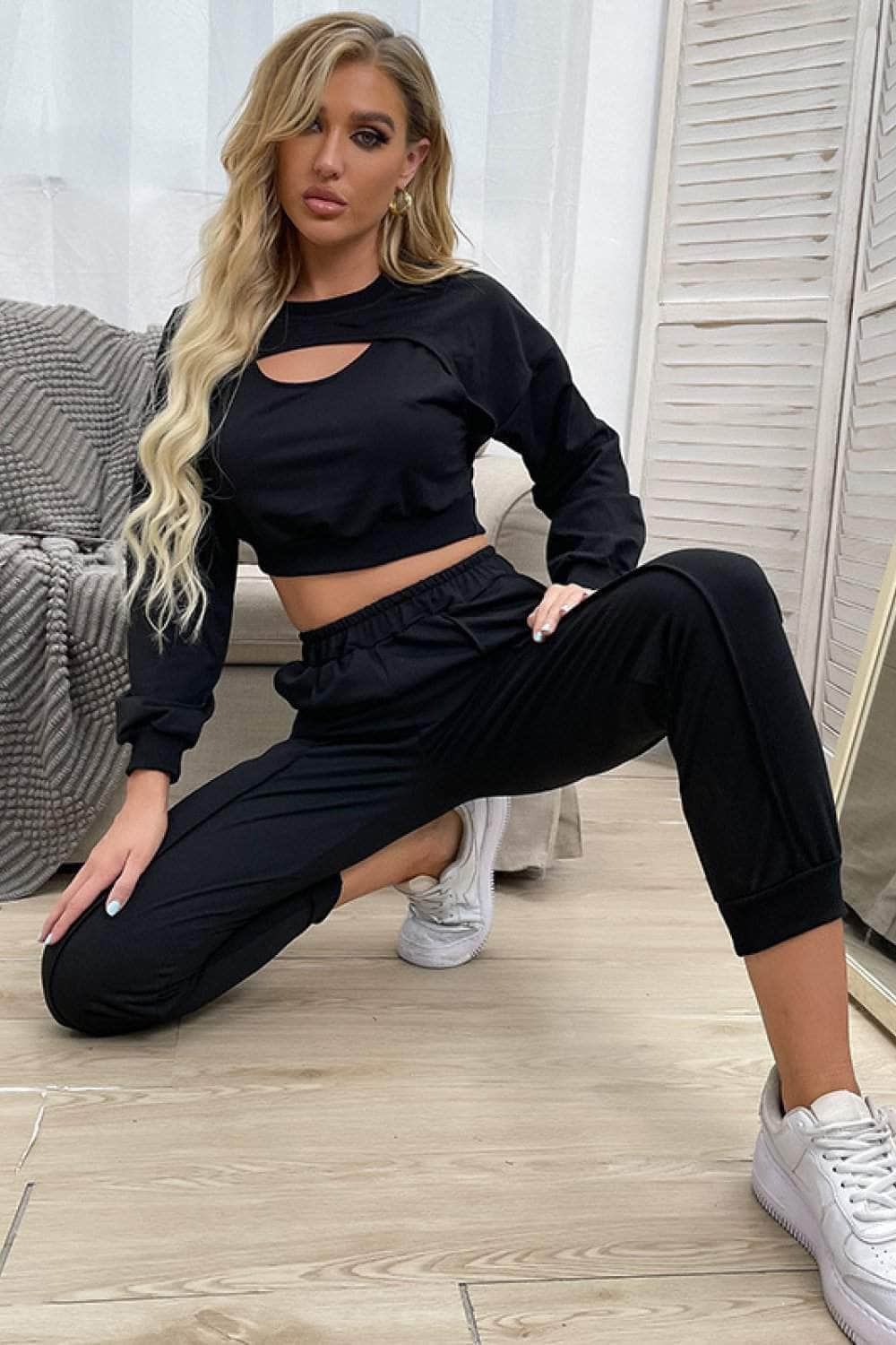 Cut Out Crop Top and Joggers Set BLUE ZONE PLANET