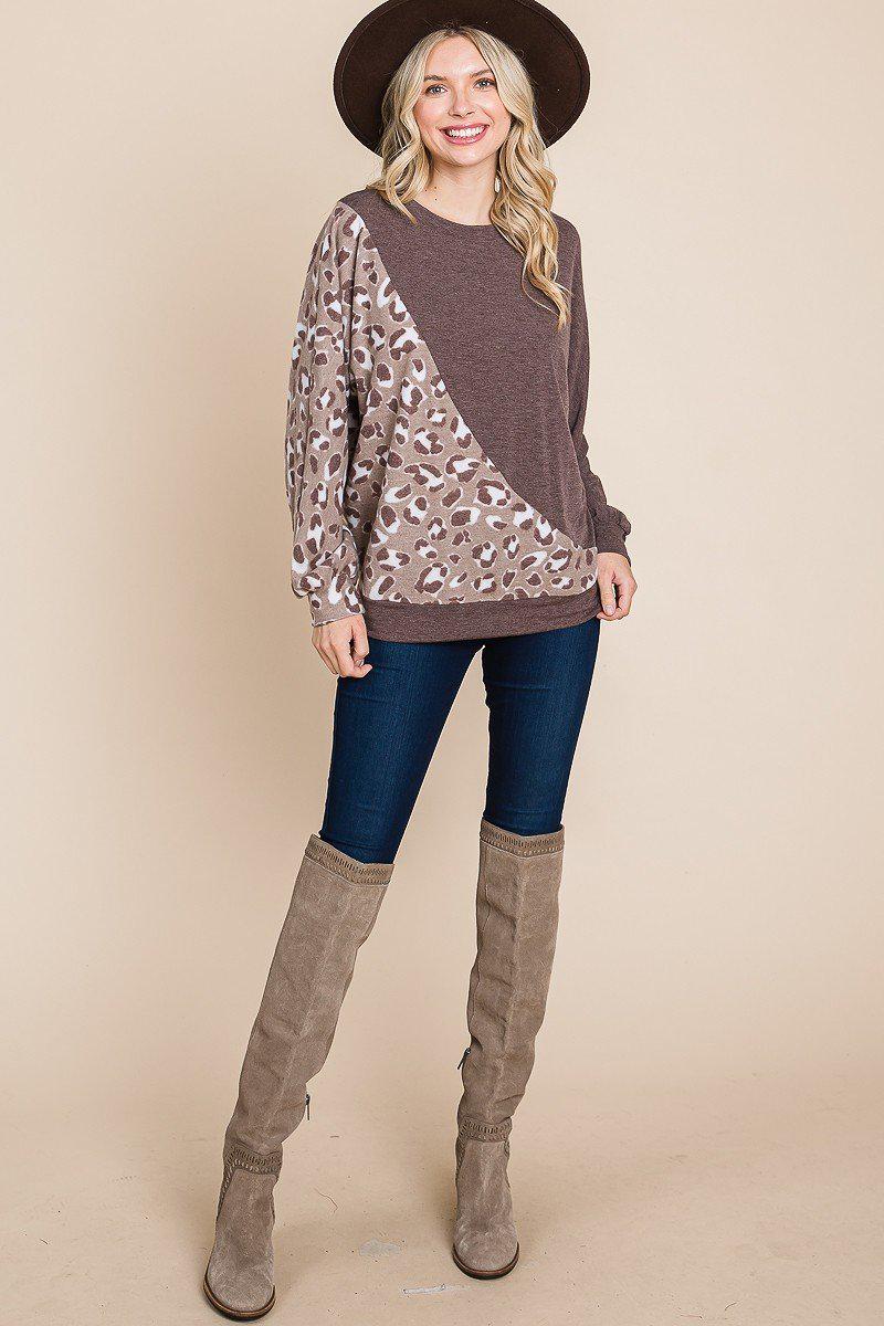 Cute Animal French Terry Brush Contrast Print Pullover With Cuff Detail-[Adult]-[Female]-Blue Zone Planet
