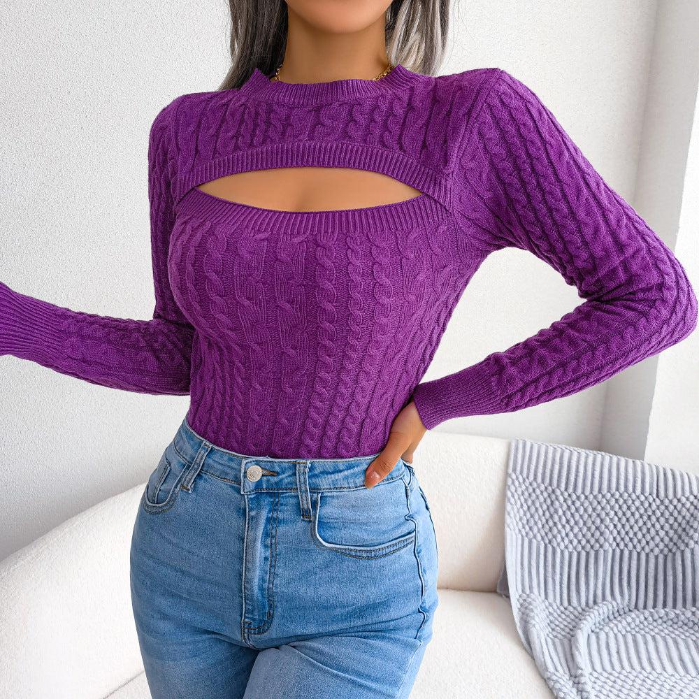 Cutout Cable-Knit Round Neck Sweater BLUE ZONE PLANET