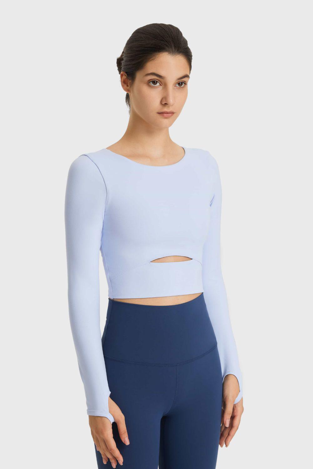 Cutout Long Sleeve Cropped Sports Top-TOPS / DRESSES-[Adult]-[Female]-Blue Zone Planet