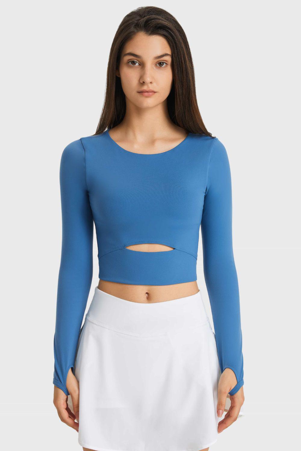 Cutout Long Sleeve Cropped Sports Top-TOPS / DRESSES-[Adult]-[Female]-Blue-4-Blue Zone Planet