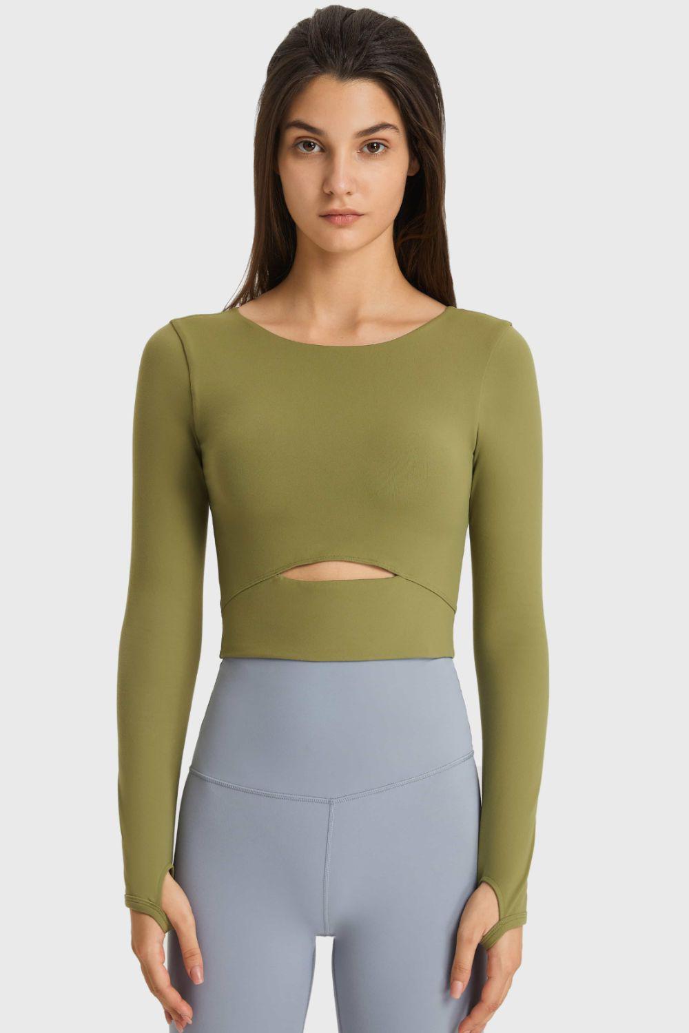 Cutout Long Sleeve Cropped Sports Top-TOPS / DRESSES-[Adult]-[Female]-Green-4-Blue Zone Planet