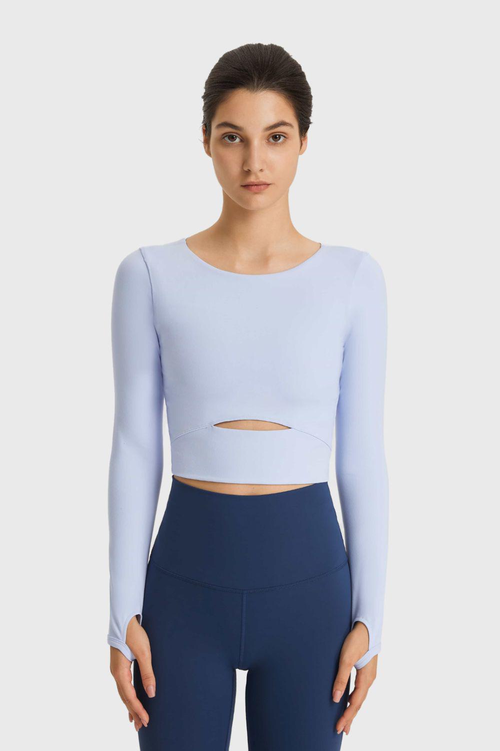 Cutout Long Sleeve Cropped Sports Top-TOPS / DRESSES-[Adult]-[Female]-Sky Blue-4-Blue Zone Planet