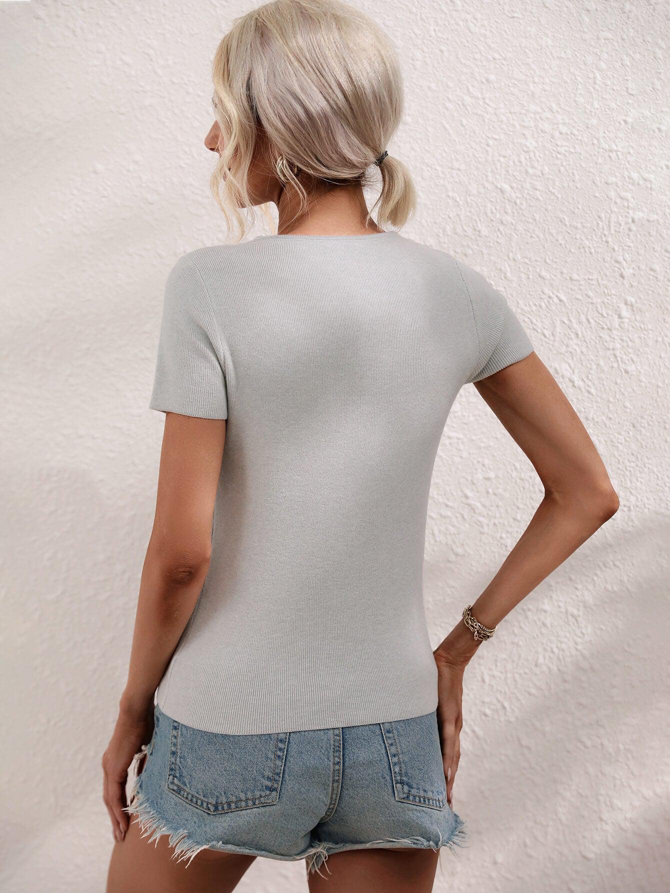 Cutout Round Neck Short Sleeve Knit Top BLUE ZONE PLANET