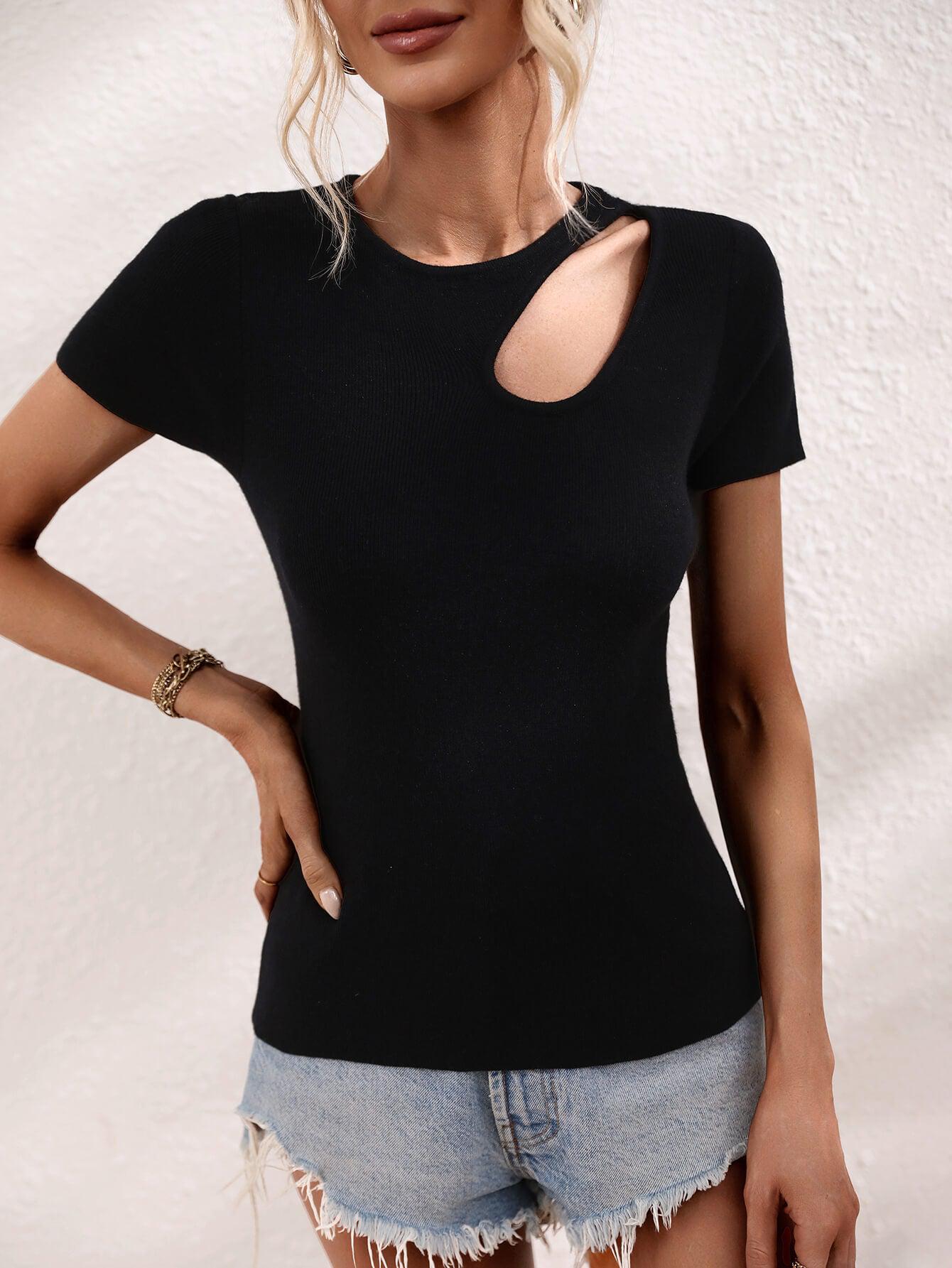 Cutout Round Neck Short Sleeve Knit Top BLUE ZONE PLANET