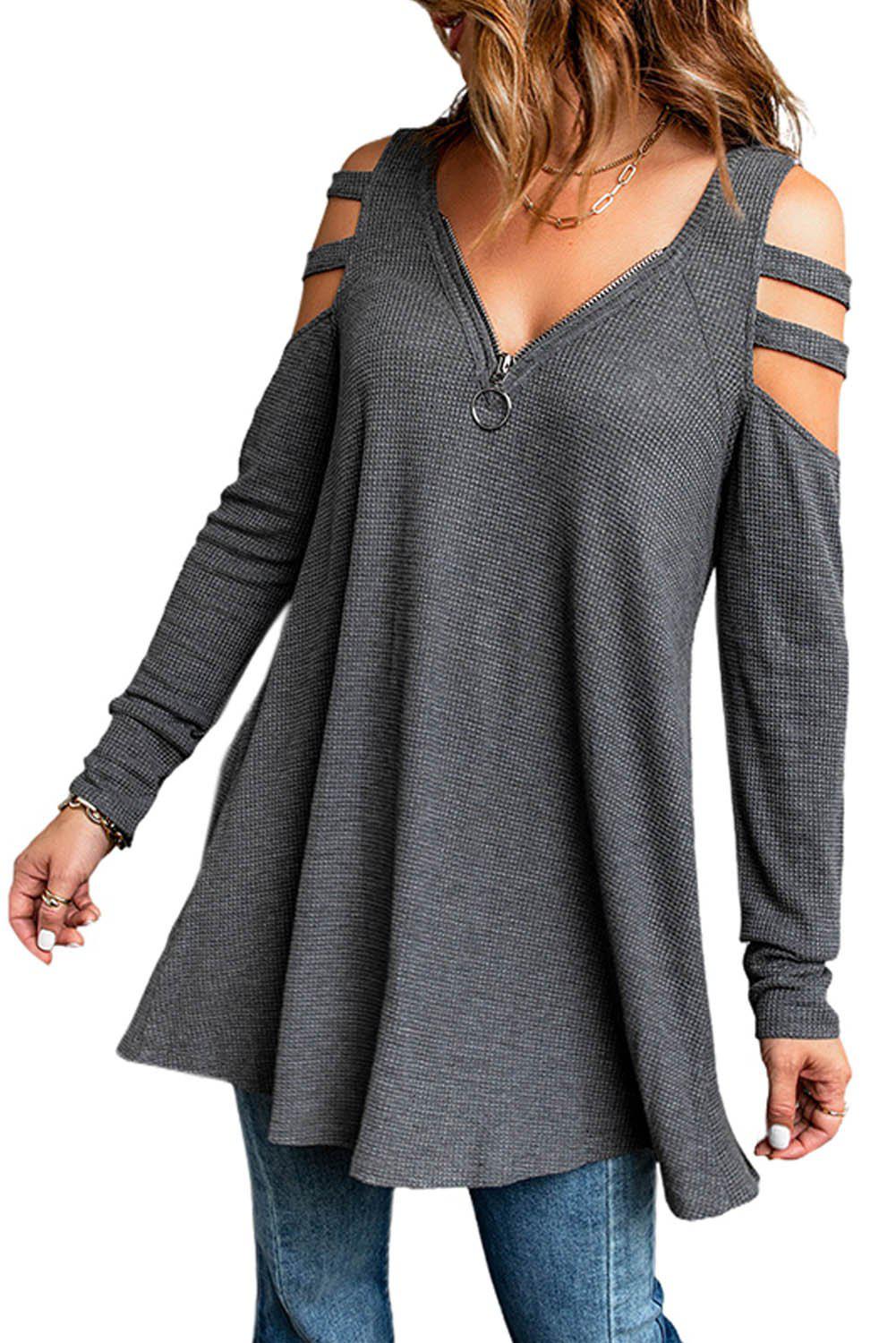 Cutout Waffle Knit Tunic Top-TOPS / DRESSES-[Adult]-[Female]-Gray-S-Blue Zone Planet