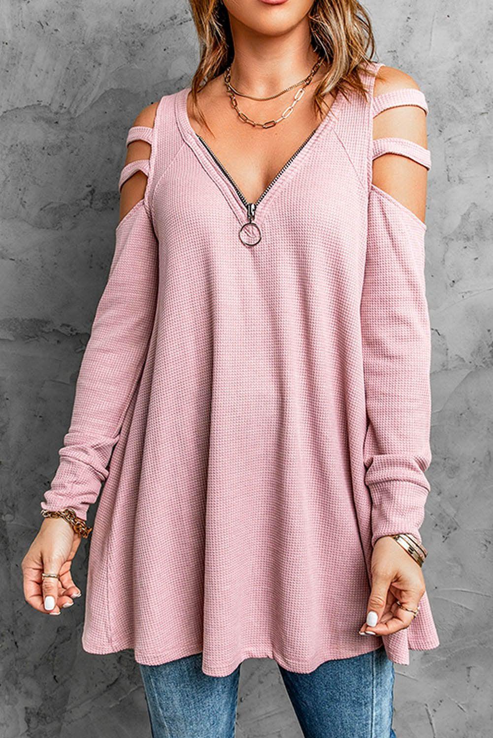 Cutout Waffle Knit Tunic Top-TOPS / DRESSES-[Adult]-[Female]-Pink-S-Blue Zone Planet