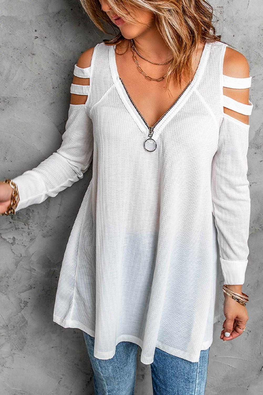 Cutout Waffle Knit Tunic Top-TOPS / DRESSES-[Adult]-[Female]-White-S-Blue Zone Planet