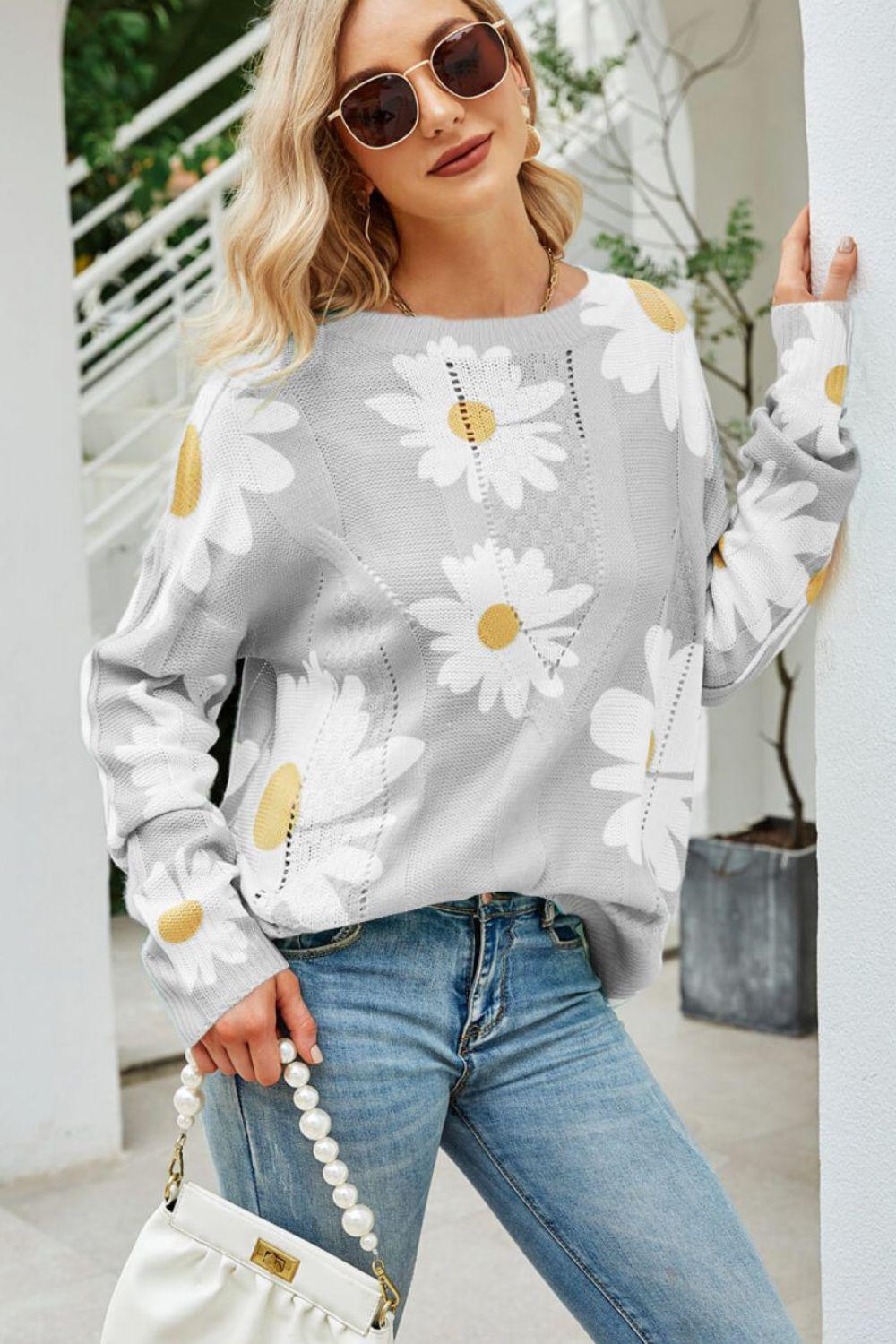 Daisy Print Openwork Round Neck Sweater-TOPS / DRESSES-[Adult]-[Female]-Light Gray-S-2022 Online Blue Zone Planet