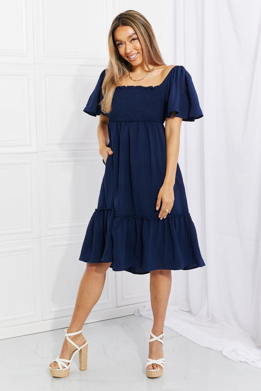 Davi & Dani Full Size Let's Laugh Smocked Bow-Look Back Dress-TOPS / DRESSES-[Adult]-[Female]-Navy-S-2022 Online Blue Zone Planet