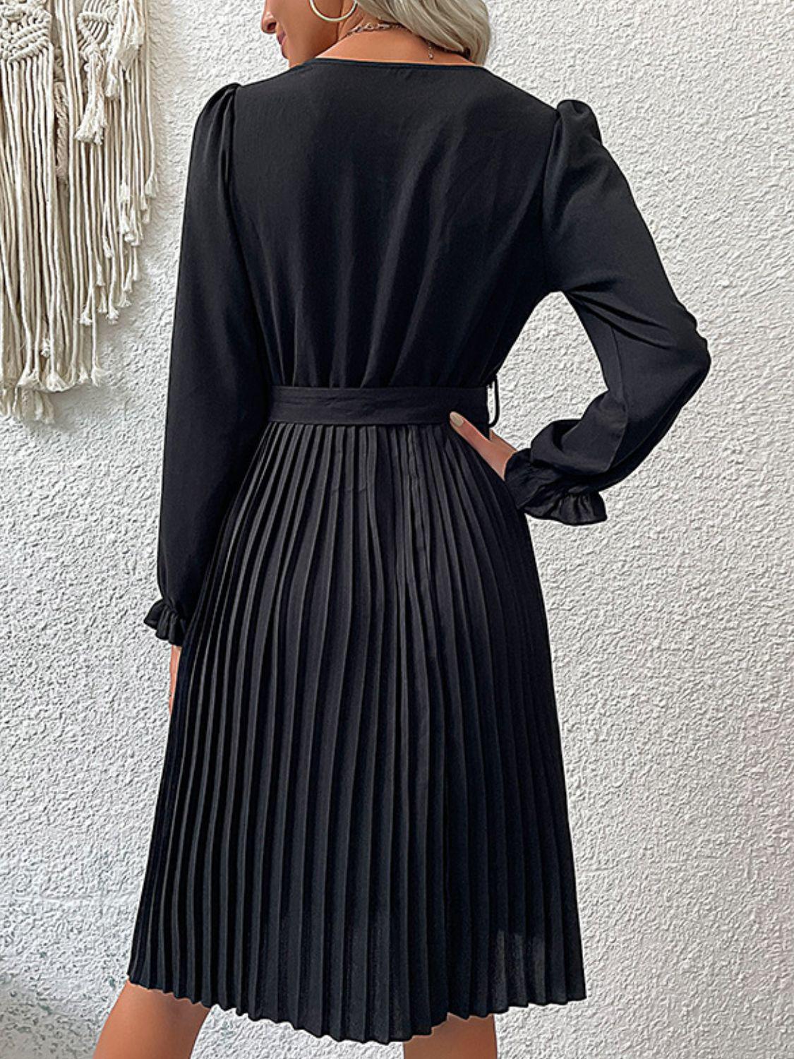 Decorative Button Belted Puff Sleeve Pleated Dress-TOPS / DRESSES-[Adult]-[Female]-Blue Zone Planet