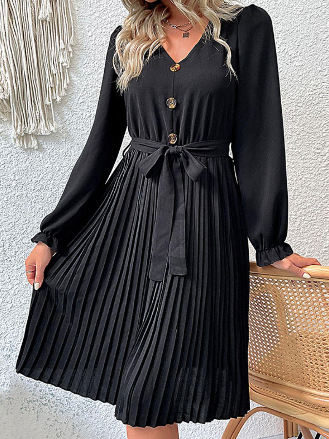 Decorative Button Belted Puff Sleeve Pleated Dress-TOPS / DRESSES-[Adult]-[Female]-Blue Zone Planet