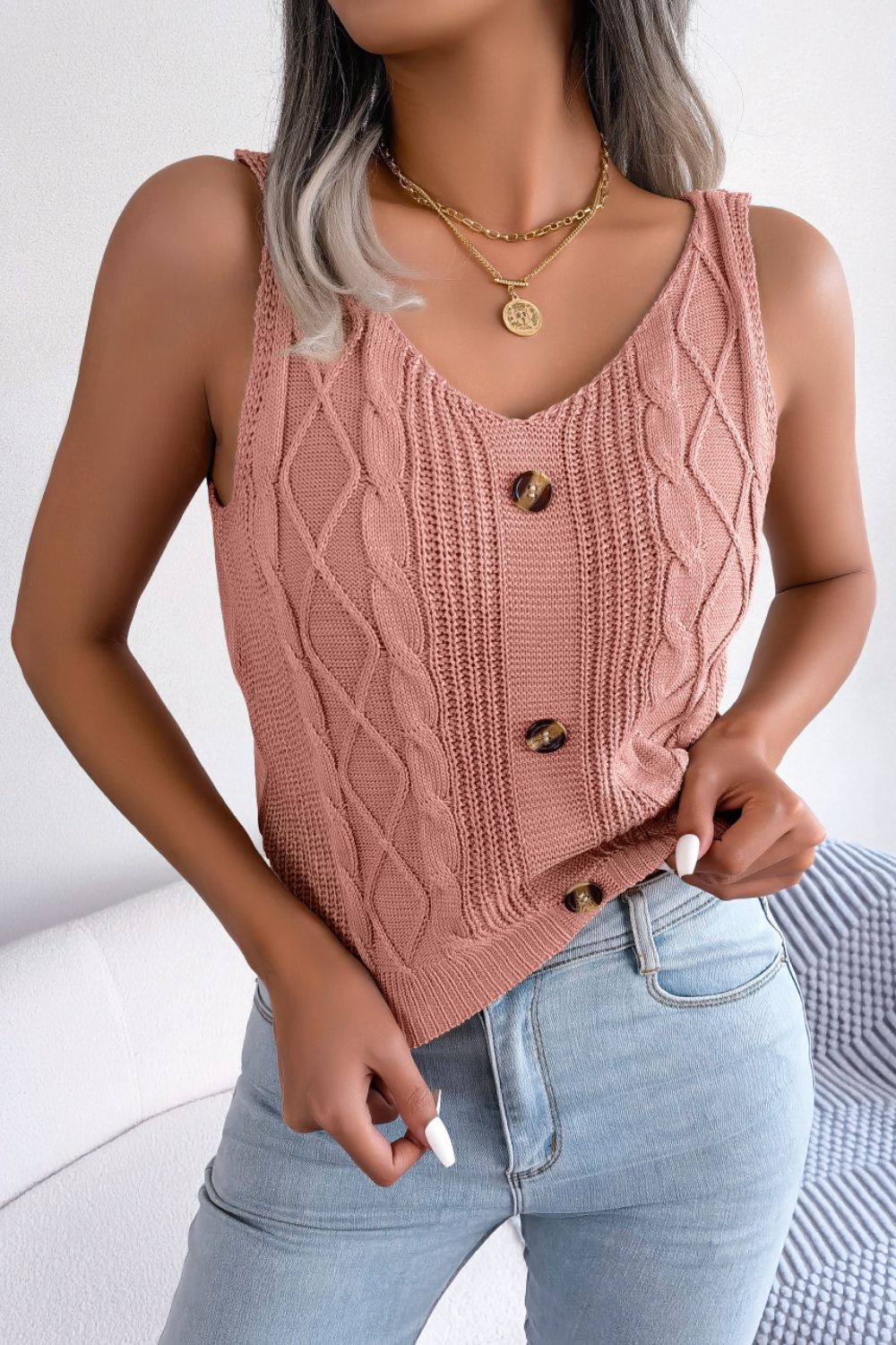 Decorative Button Mixed Knit Tank BLUE ZONE PLANET