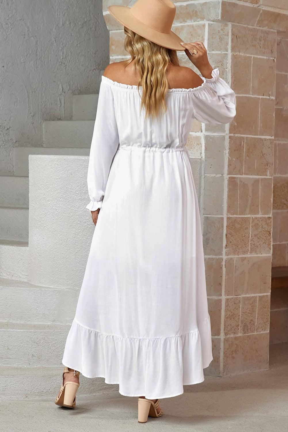 Decorative Button Ruffled High-Low Off-Shoulder Maxi Dress BLUE ZONE PLANET