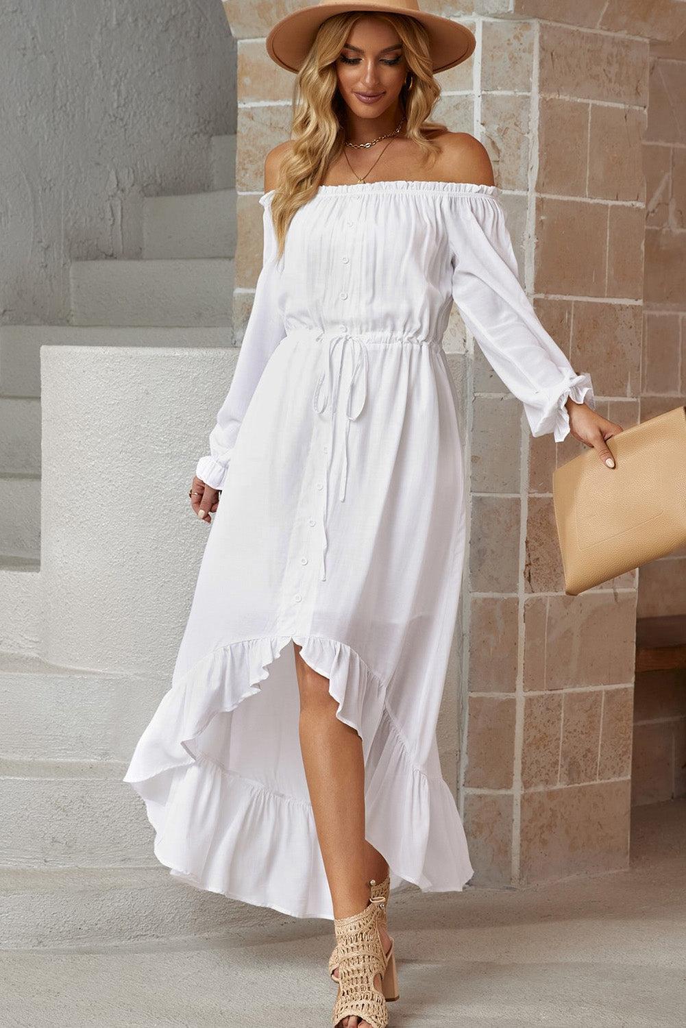 Decorative Button Ruffled High-Low Off-Shoulder Maxi Dress BLUE ZONE PLANET