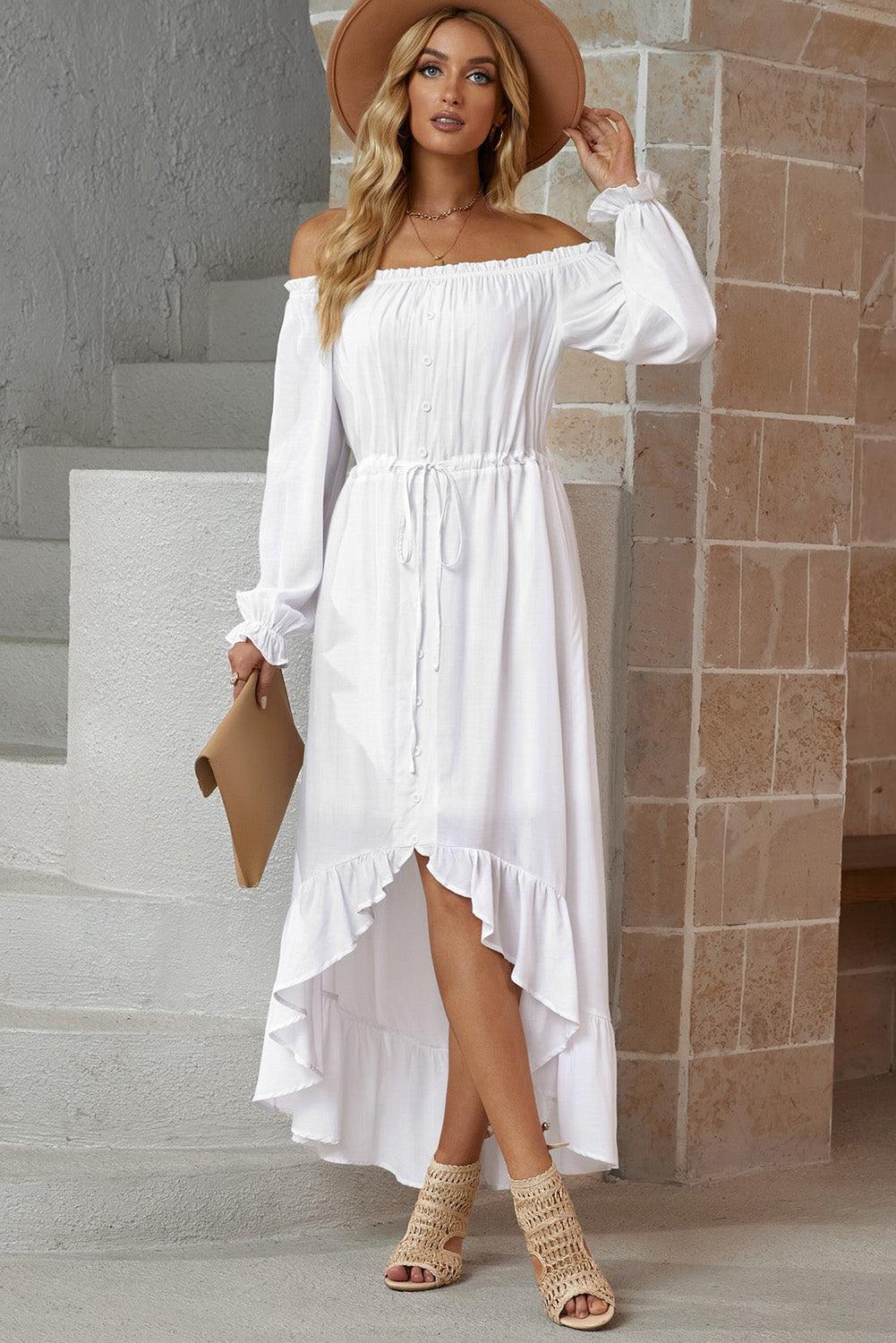 Decorative Button Ruffled High-Low Off-Shoulder Dress-TOPS / DRESSES-[Adult]-[Female]-White-XS-2022 Online Blue Zone Planet