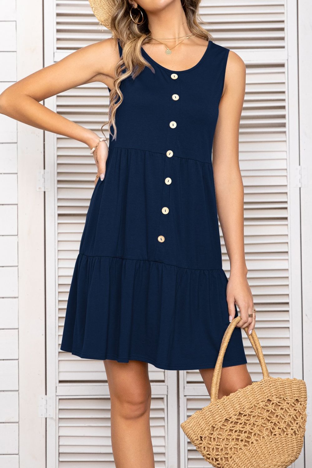 Decorative Button Scoop Neck Sleeveless Tiered Dress BLUE ZONE PLANET