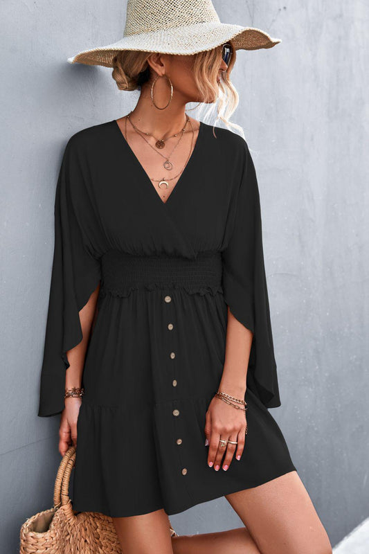 Decorative Button Smocked Waist Surplice Dress BLUE ZONE PLANET
