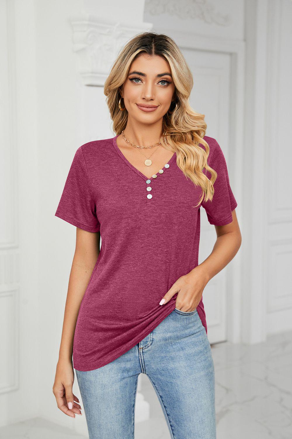 Decorative Button V-Neck Tee BLUE ZONE PLANET