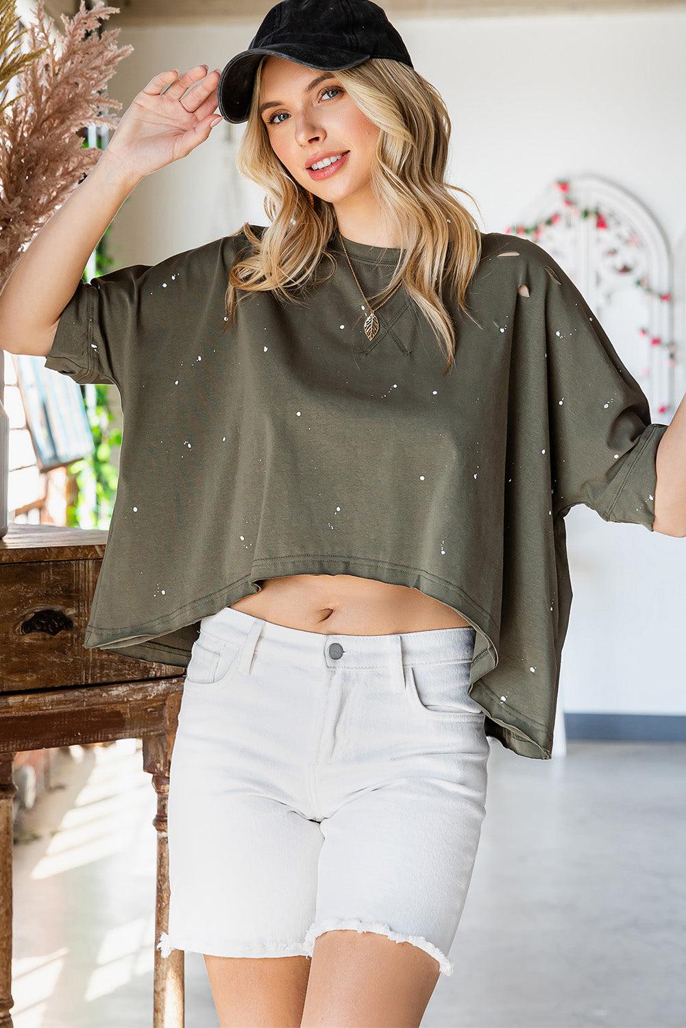 Distressed Asymmetric Hem Cropped Tee Shirt BLUE ZONE PLANET