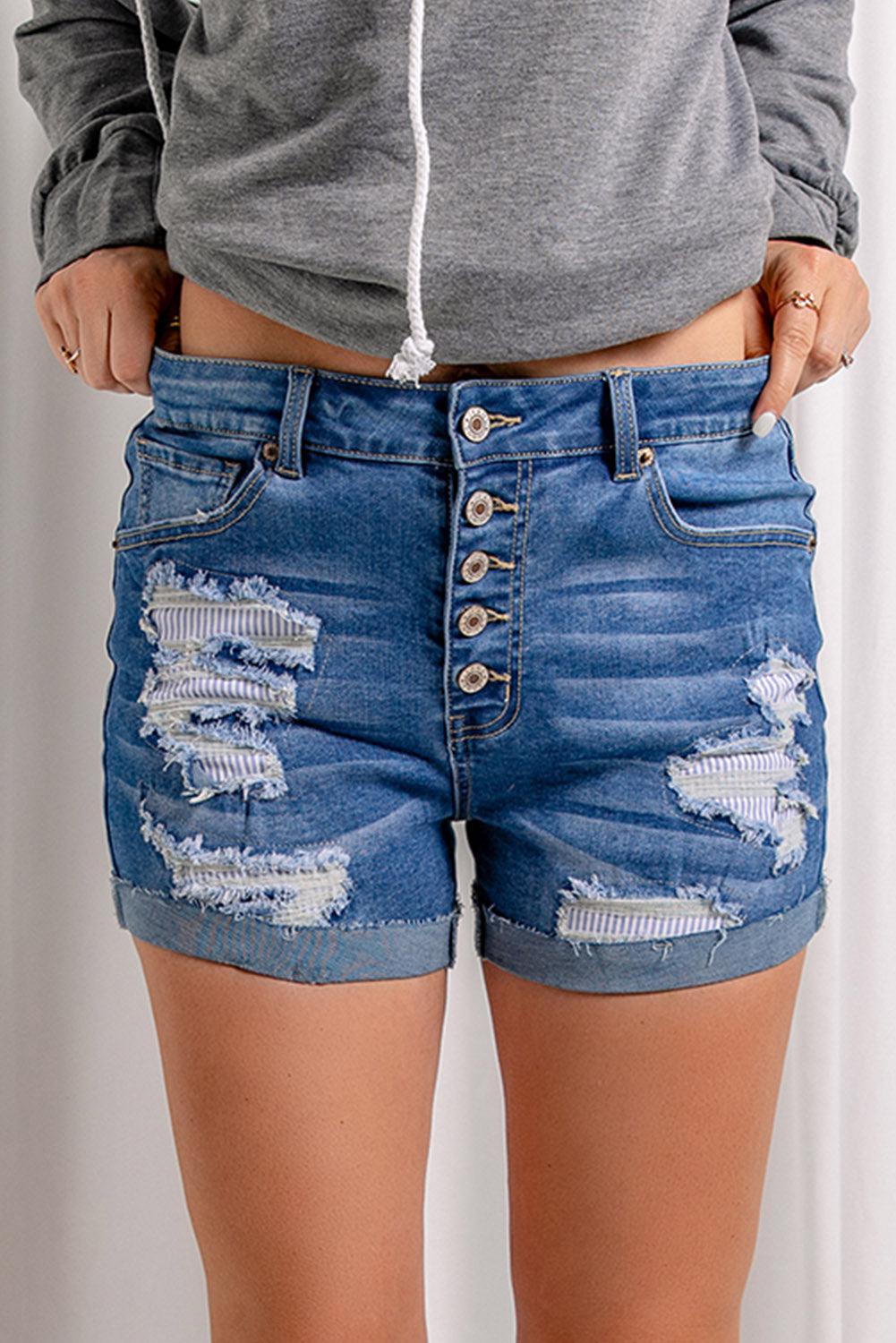 Distressed Button Fly Denim Shorts BLUE ZONE PLANET