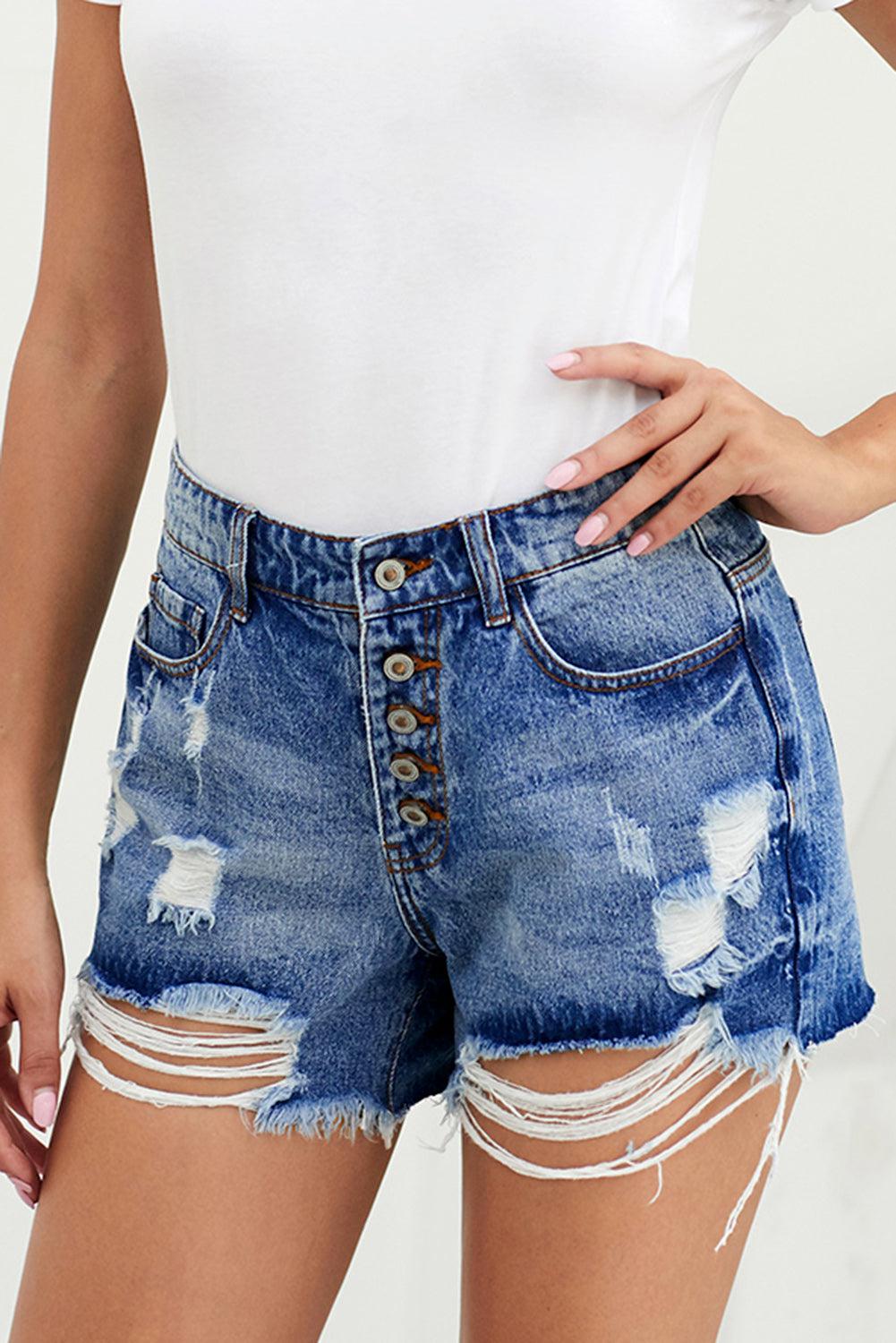 Distressed Button Fly Denim Shorts BLUE ZONE PLANET