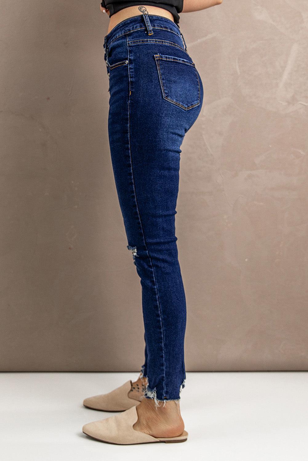 Distressed Button Fly Skinny Jeans-JEANS 0-16-[Adult]-[Female]-Blue Zone Planet