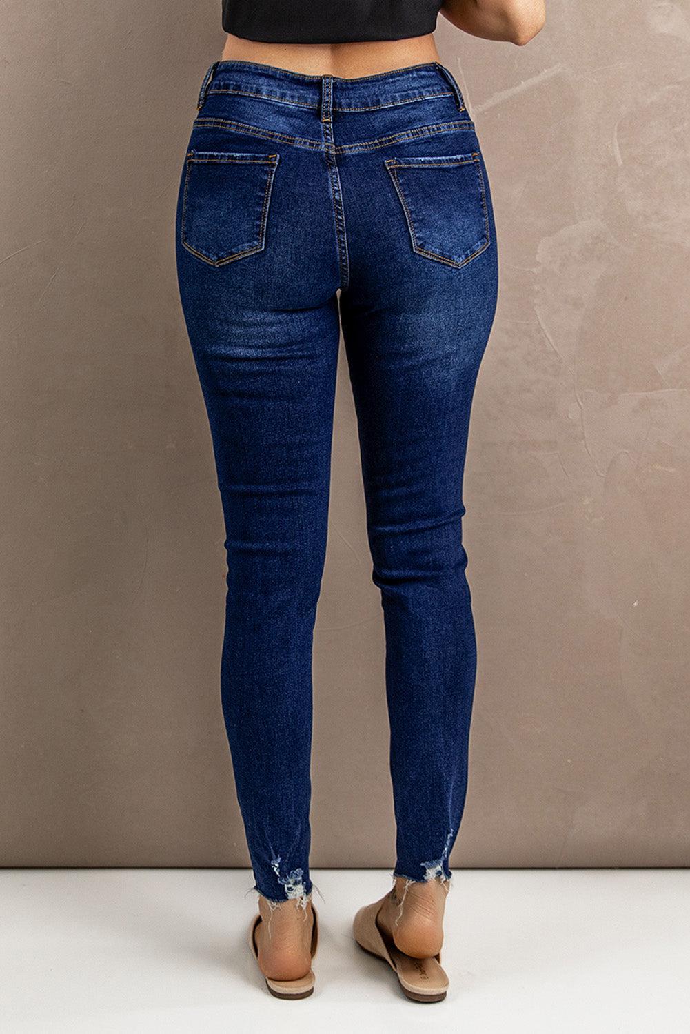 Distressed Button Fly Skinny Jeans-JEANS 0-16-[Adult]-[Female]-Blue Zone Planet